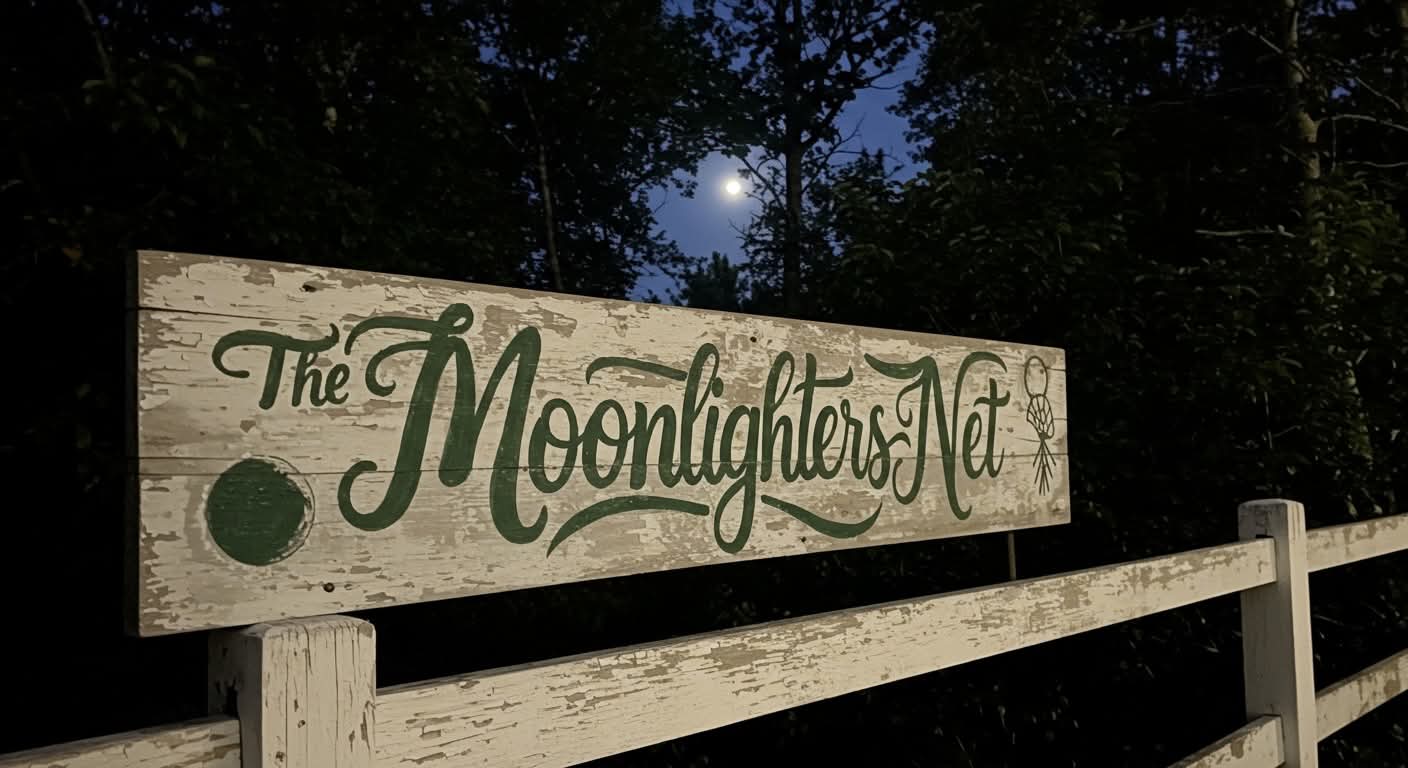 Hand-painted wooden sign reading The Moonlighters Net, photographed at night under the moon